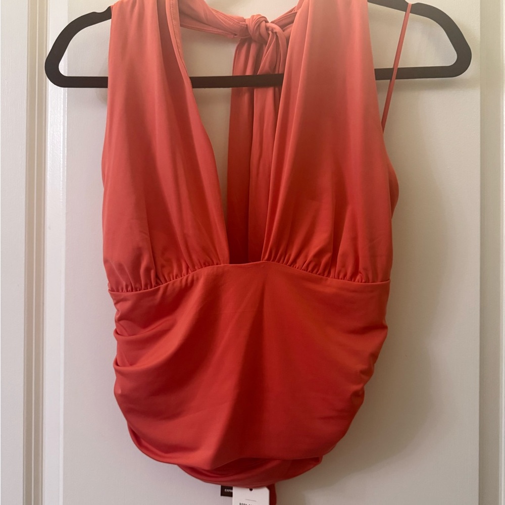 Express Coral Ruched Convertible Body Contour Halter Top